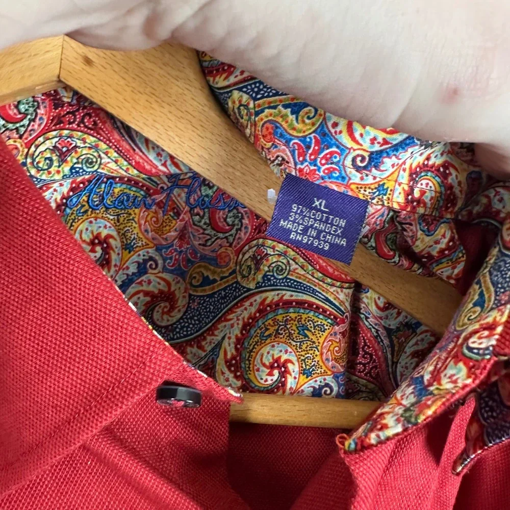 Alan Flusser Mens Red Button Down Shirt Paisley Trim Accents Long Sleeve Large